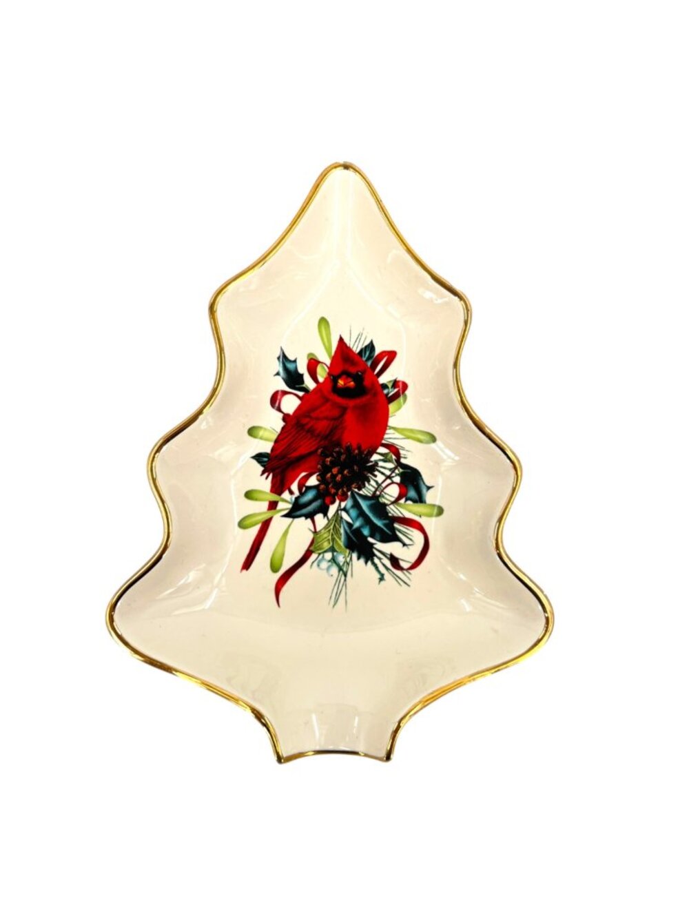 Lenox Winter Greetings Tree Dish Cardinal Gold Trim Porcelain Christmas Decor